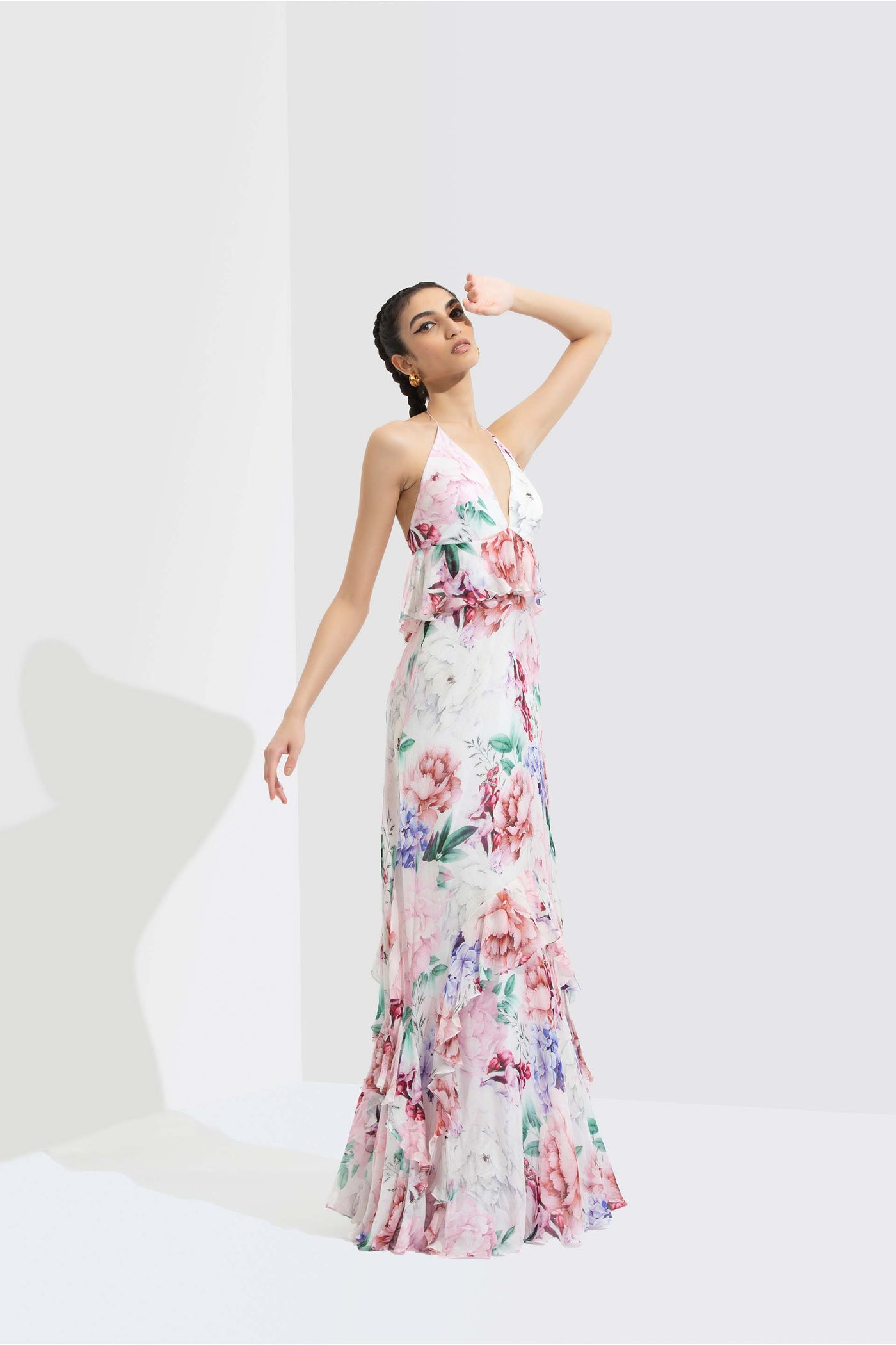 Mandira Wirk Iris printed chiffon layered long dress with halter neck and low back white western indian designer wear online shopping melange singapore
