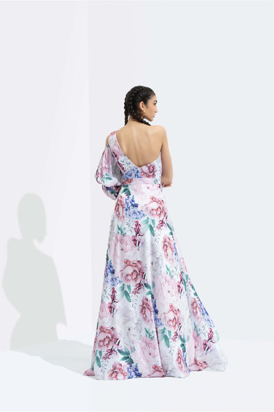 Mandira Iris printed satin one off shoulder high low dress with side slit white western indian designer wear online shopping melange singapore