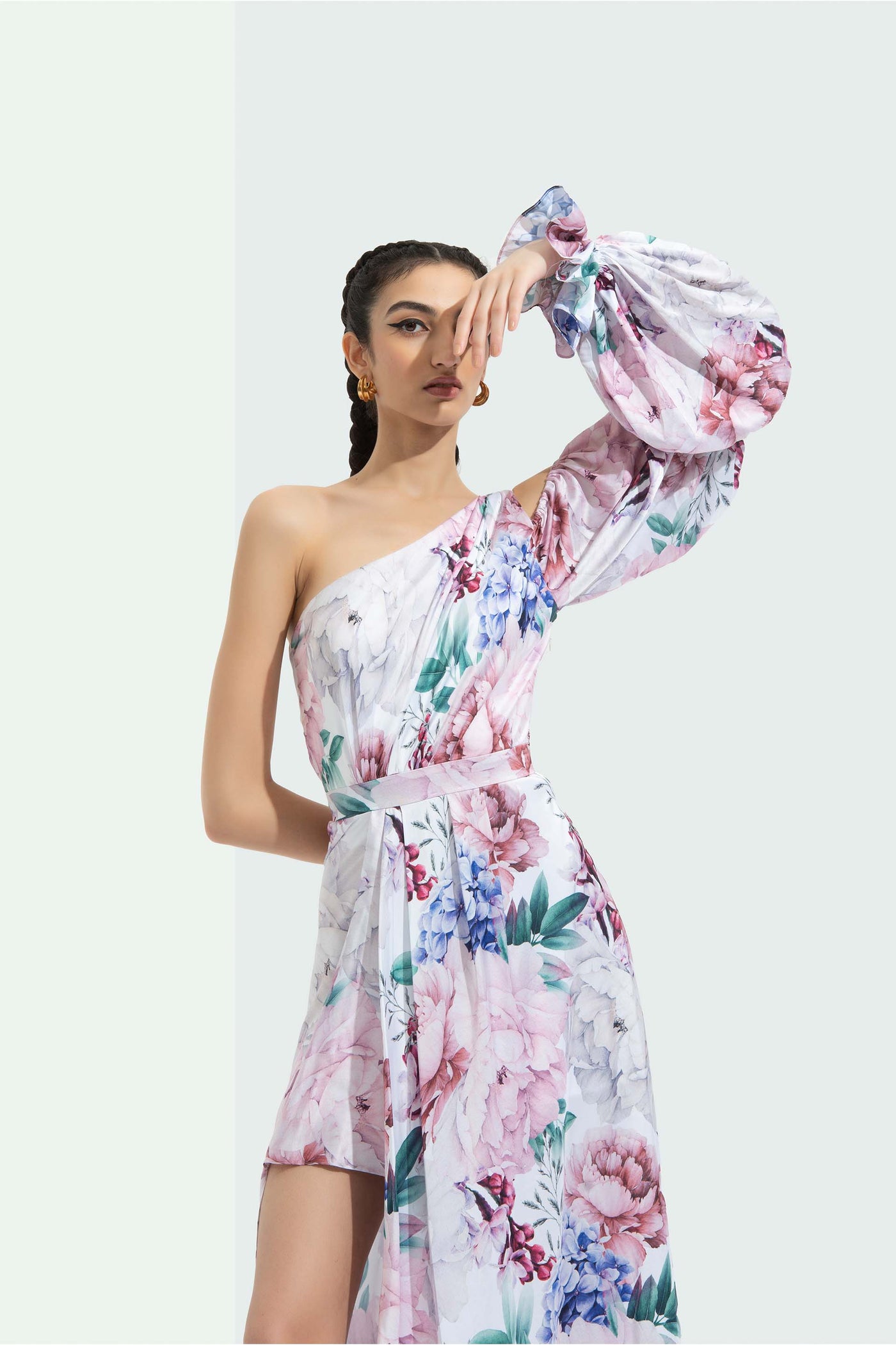 Mandira Iris printed satin one off shoulder high low dress with side slit white western indian designer wear online shopping melange singapore