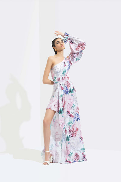 Mandira Iris printed satin one off shoulder high low dress with side slit white western indian designer wear online shopping melange singapore