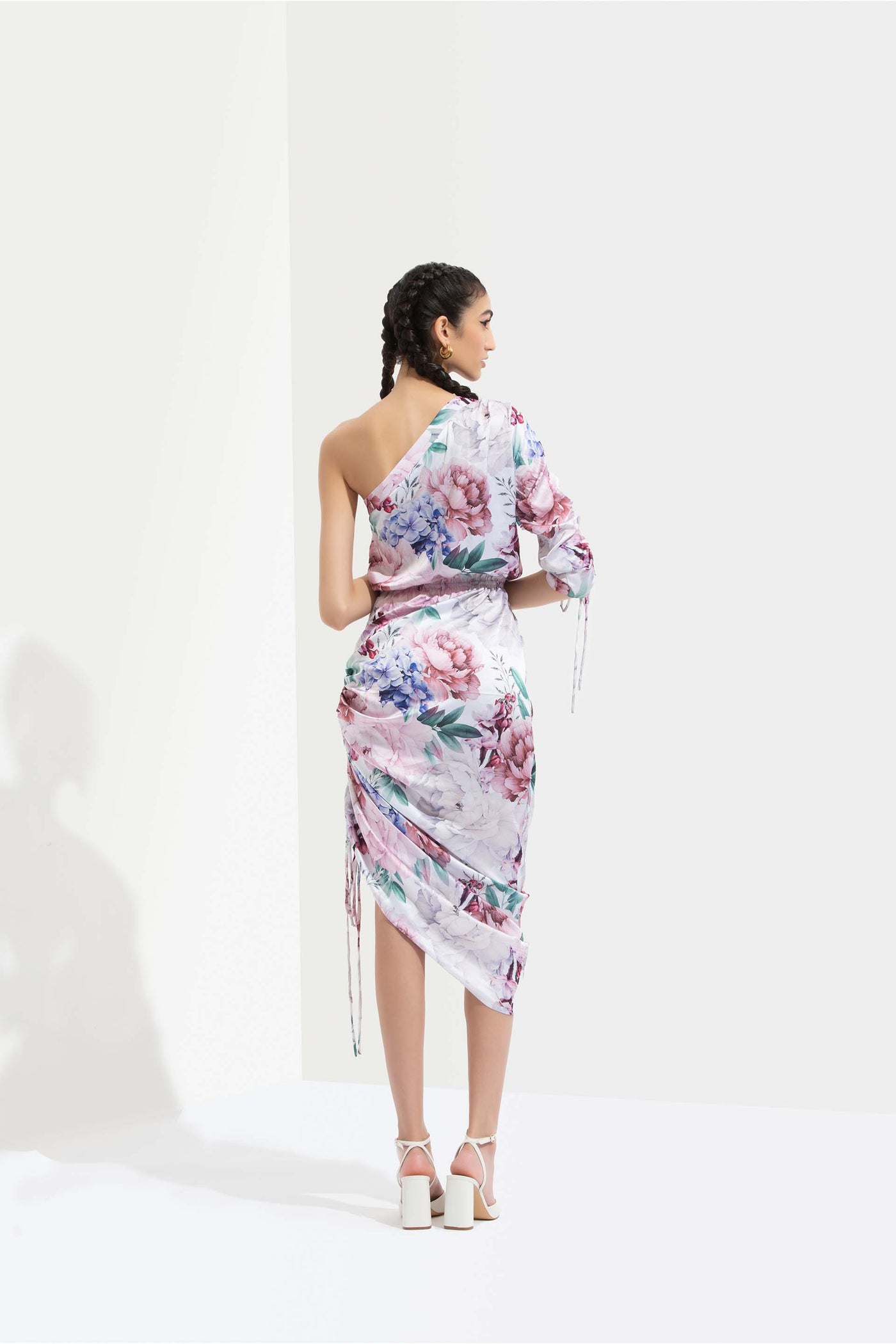 Mandira Wirk Iris printed satin one off shoulder short dress with side ruching white western indian designer wear online shopping melange singapore