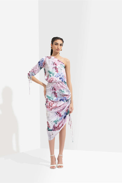 Mandira Wirk Iris printed satin one off shoulder short dress with side ruching white western indian designer wear online shopping melange singapore