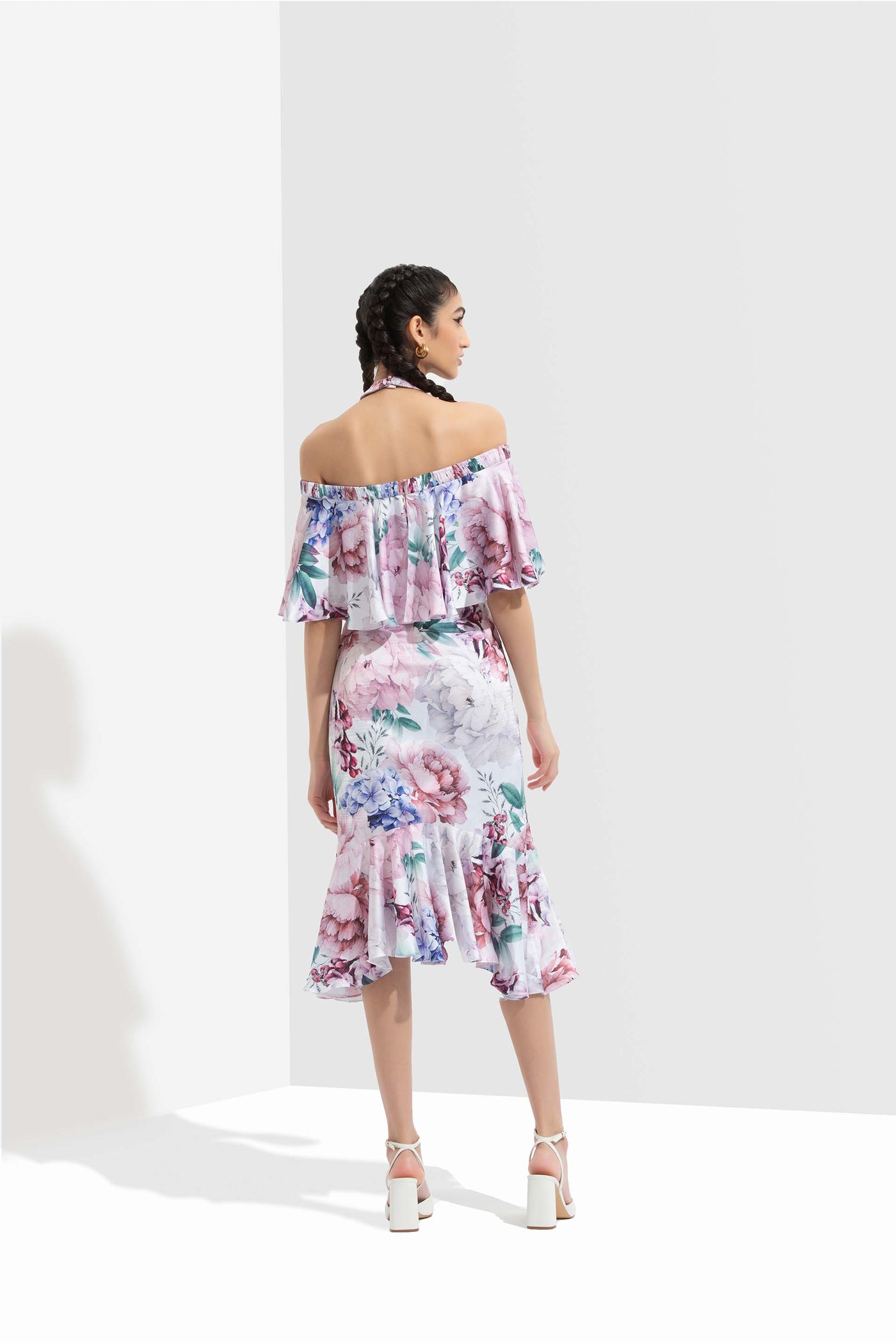 Mandira Wirk Iris printed satin off shoulder dress with halter neckline white western indian designer wear online shopping melange singapore