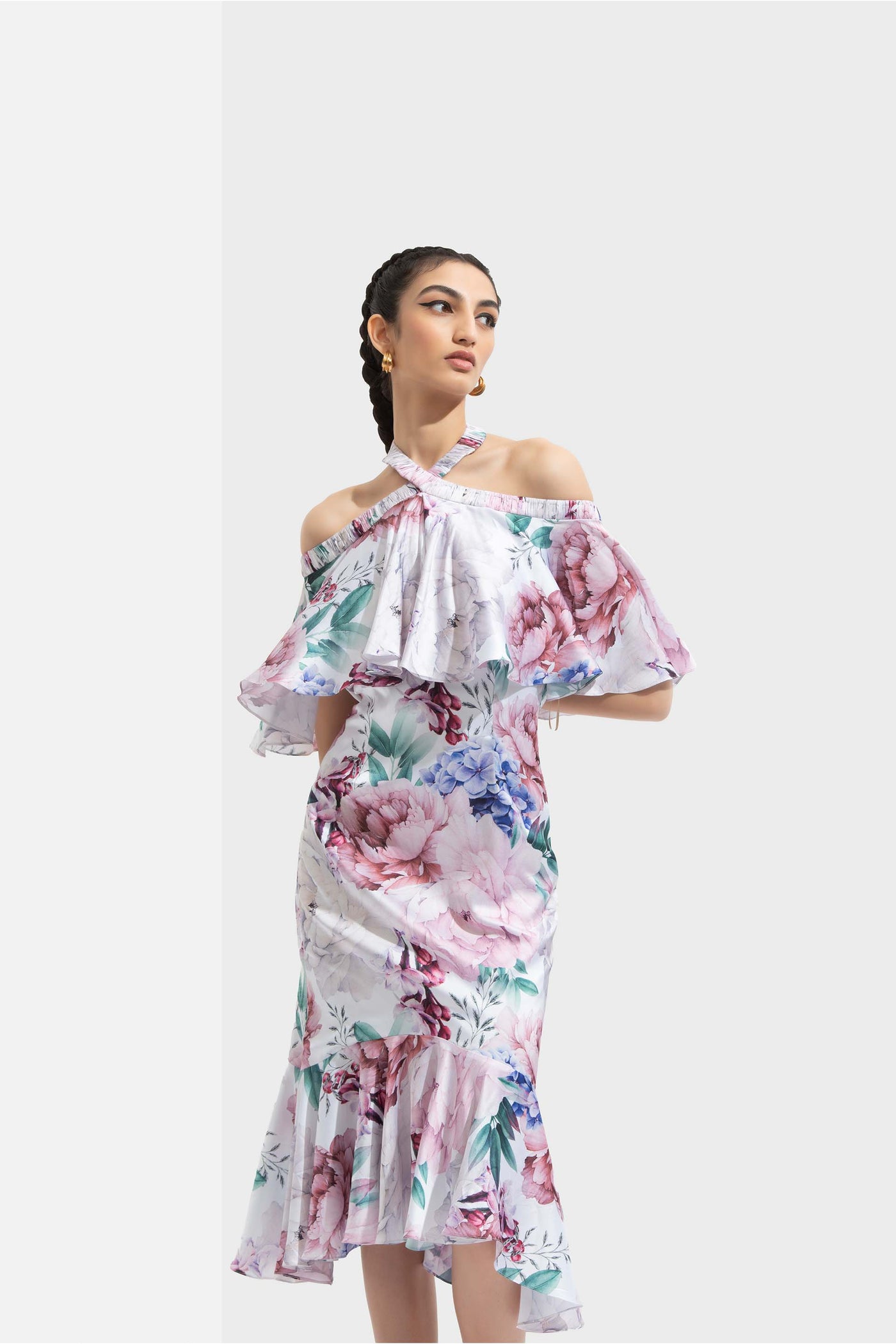 Mandira Wirk Iris printed satin off shoulder dress with halter neckline white western indian designer wear online shopping melange singapore