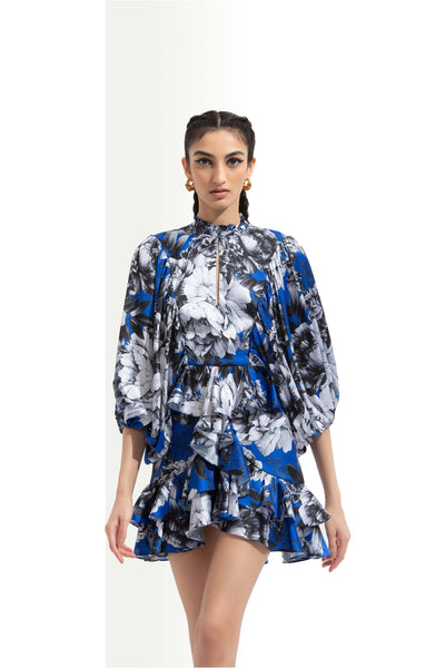 Mandira Wirk Luana printed satin layered short dress with balloon sleeves blue western indian designer wear online shopping melange singapore