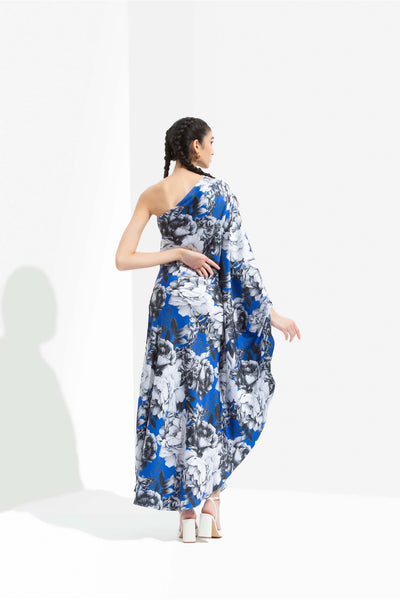 Mandira Wirk Luana printed satin one off shoulder kaftan dress blue western indian designer wear online shopping melange singapore