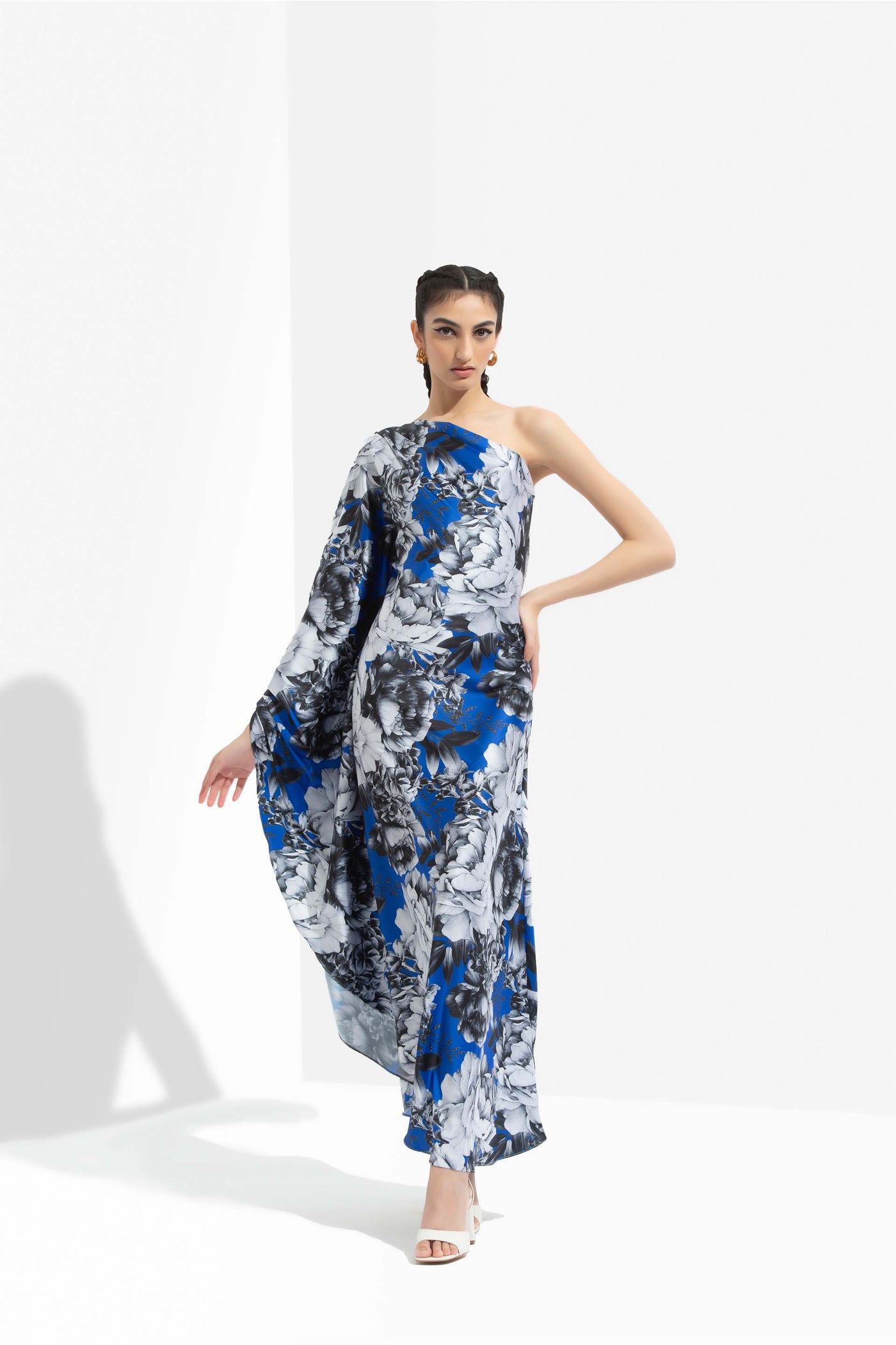 Mandira Wirk Luana printed satin one off shoulder kaftan dress blue western indian designer wear online shopping melange singapore