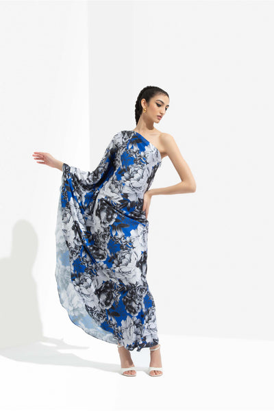 Mandira Wirk Luana printed satin one off shoulder kaftan dress blue western indian designer wear online shopping melange singapore