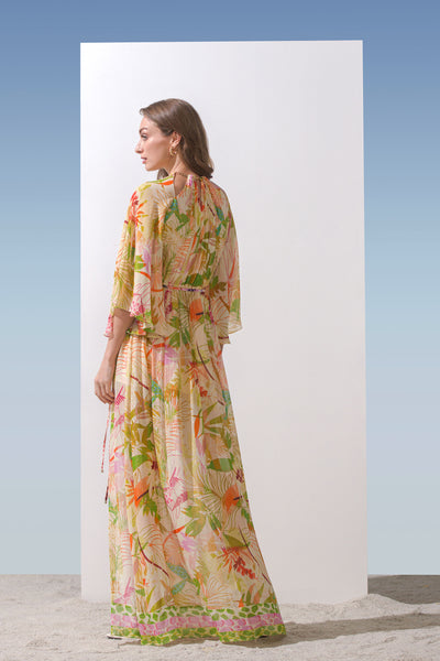 Mandira Wirk Lurex georgette printed long dress with a-line sleeves and shoulder cut-out with chain detailed neckline and side slit green western indian designer wear online shopping melange singapore