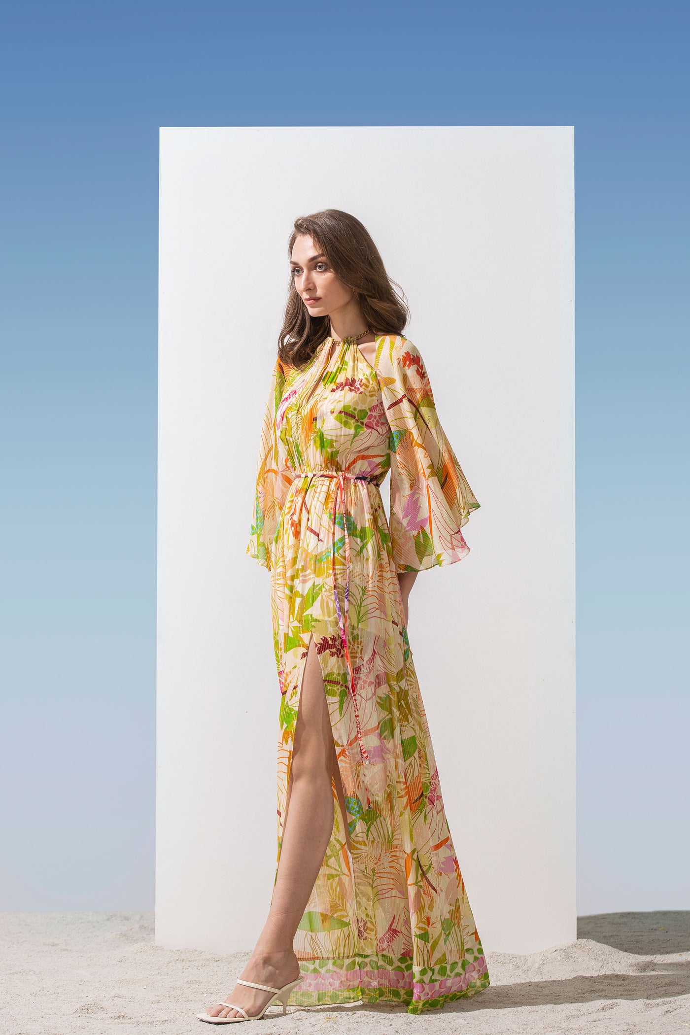 Mandira Wirk Lurex georgette printed long dress with a-line sleeves and shoulder cut-out with chain detailed neckline and side slit green western indian designer wear online shopping melange singapore