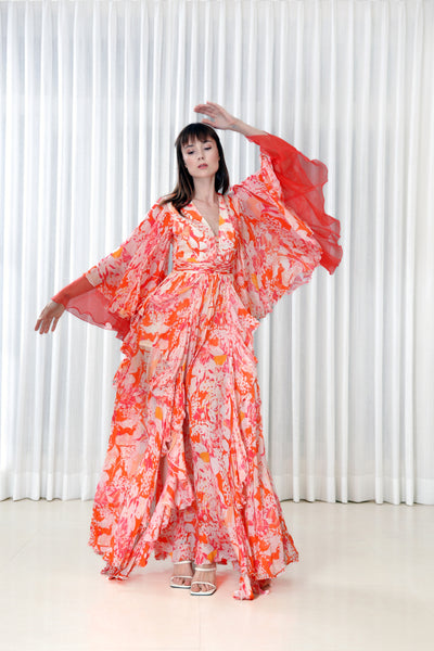 Mandira Wirk Maple Leaves Printed Chiffon Dress indian designer wear online shopping melange singapore