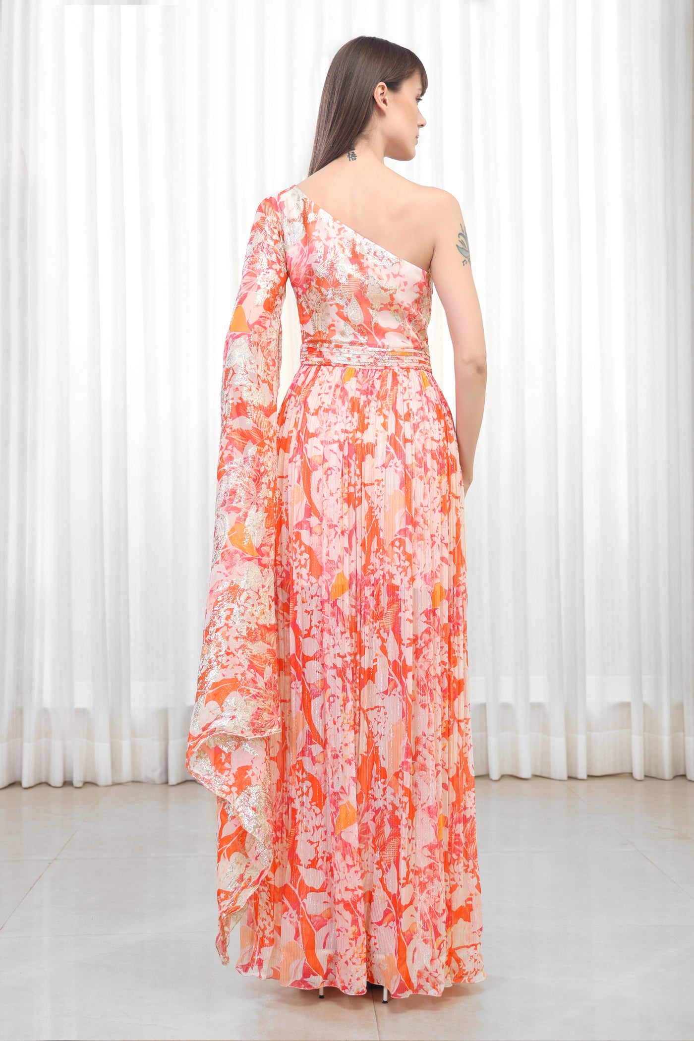 Mandira Wirk Maple Leaves Printed One Shoulder Dress indian designer wear online shopping melange singapore