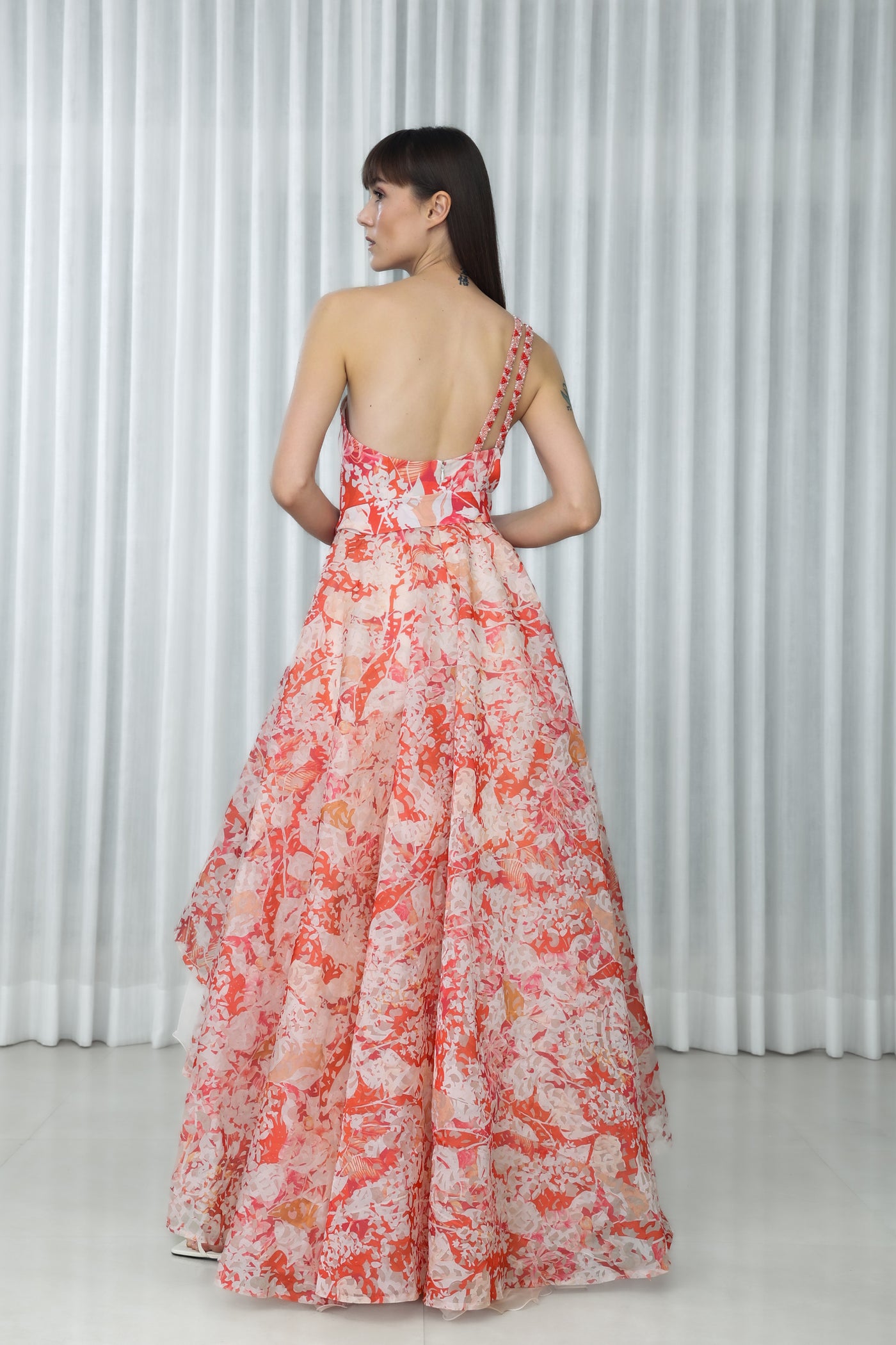 Mandira Wirk Maple Leaves Printed Organza Dress indian designer wear online shopping melange singapore