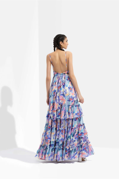 Mandira Wirk Matsu printed chiffon tiered long dress with halter neck and tie-up low back blue western indian designer wear online shopping melange singapore