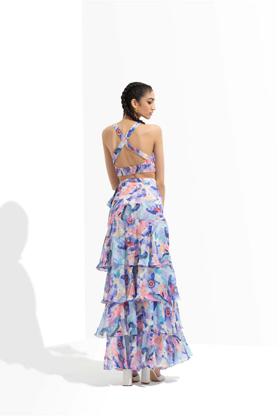 Mandira Wirk Matsu printed chiffon tiered wrap skirt paired with printed chiffon bustier purple western indian designer wear online shopping melange singapore