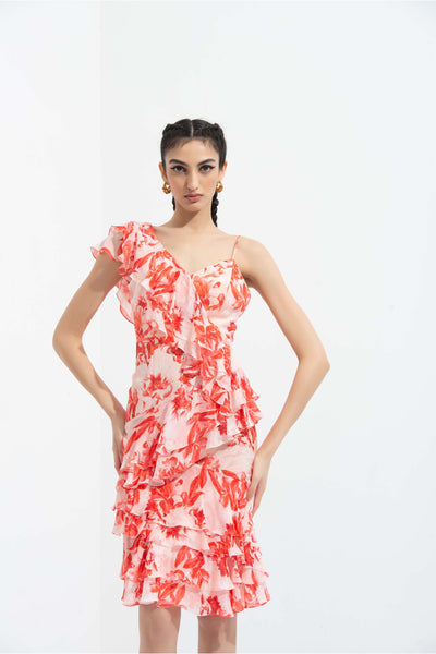 Mandira Wirk Mirrai printed chiffon layered dress orange western indian designer wear online shopping melange singapore