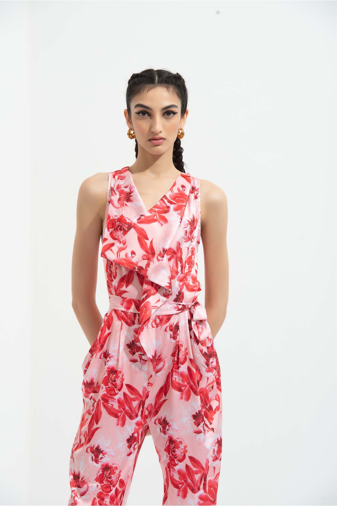 Mandira wirk Mirrai printed satin jumpsuit with cowled neckline and pockets red western indian designer wear online shopping melange singapore