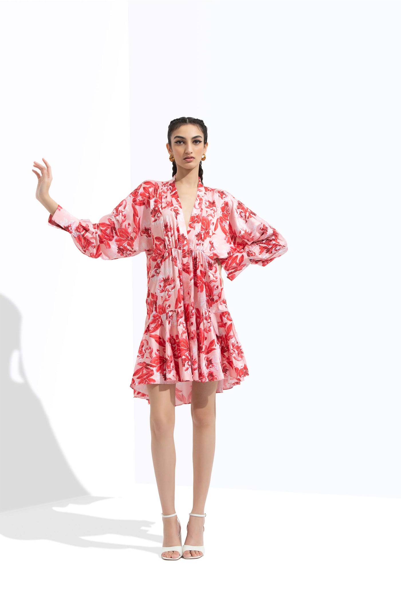 Mandira wirk Mirrai printed satin kimono sleeve dress red western indian designer wear online shopping melange singapore