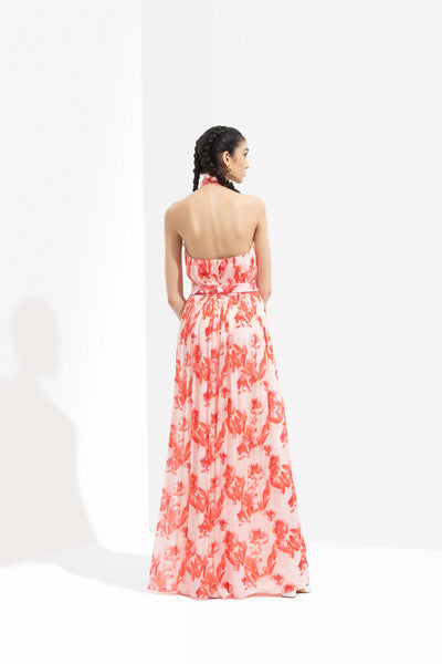 mandira wirk Mirrai printed chiffon low neckline jumpsuit with halter neck and low back orange western indian designer wear online shopping melange singapore