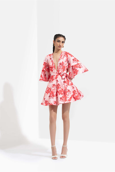 Mandira Wirk Mirrai printed satin a-line dress with can can red western indian designer online shopping melange singapore