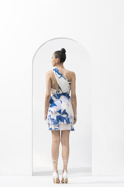Mandira Wirk Mystic Blue Printed One Shoulder Short Dress indian designer wear online shopping melange singapore