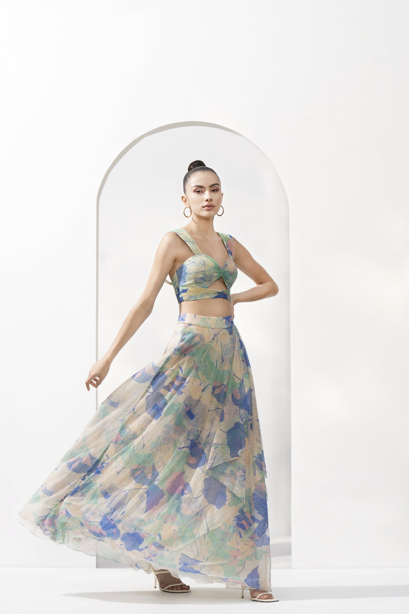 Mandira Wirk Mystic Green Mesh Lurex Printed Co-ord Set indian designer wear online shopping melange singapore