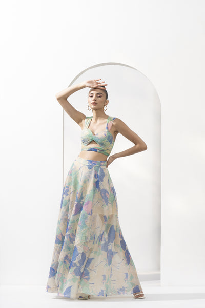 Mandira Wirk Mystic Green Mesh Lurex Printed Co-ord Set indian designer wear online shopping melange singapore