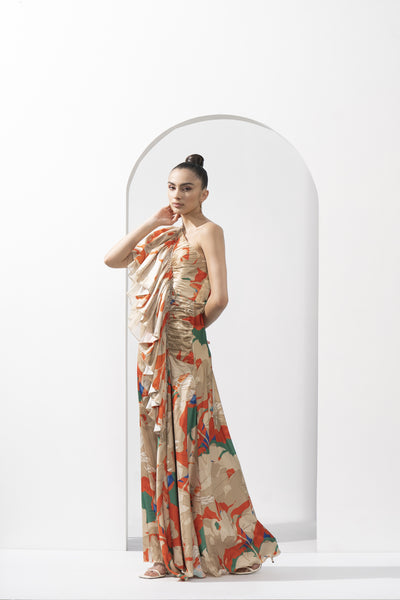 Mandira Wirk Mystic Orange Printed One Shoulder Dress indian designer wear online shopping melange singapore