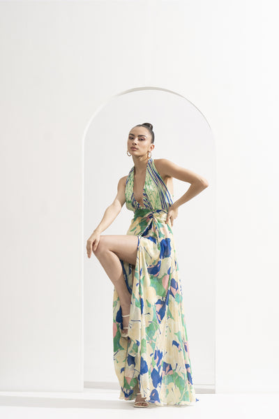 Mandira Wirk Mystic Placement Printed Draped Halter Neck Dress indian designer wear online shopping melange singapore