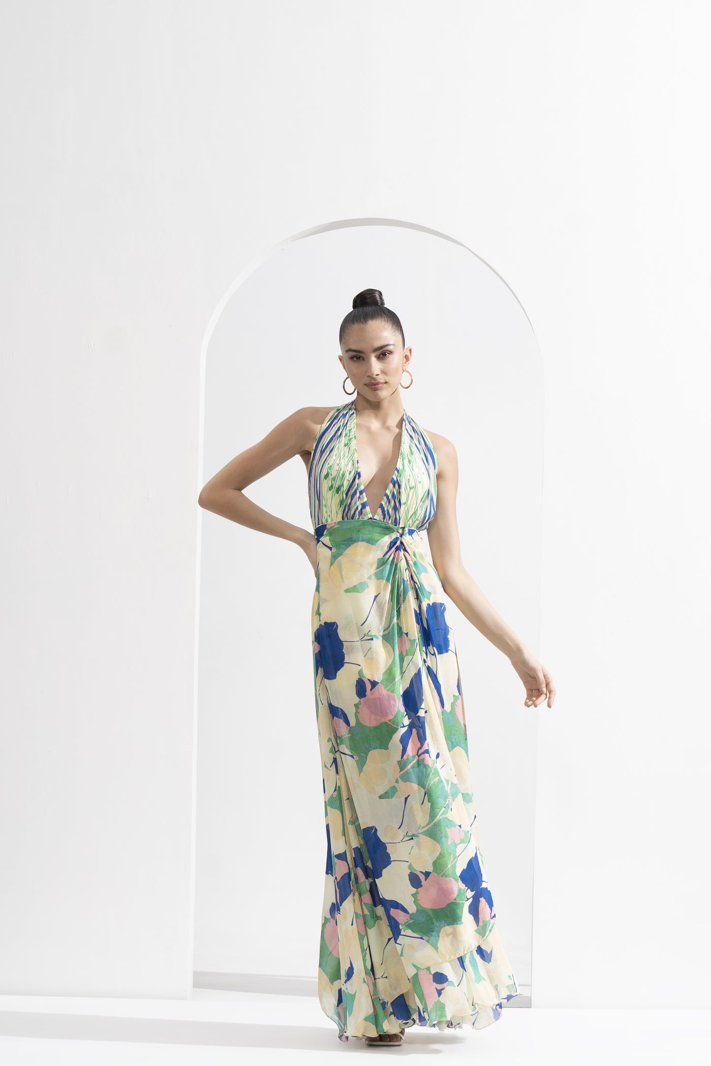 Mandira Wirk Mystic Placement Printed Draped Halter Neck Dress indian designer wear online shopping melange singapore