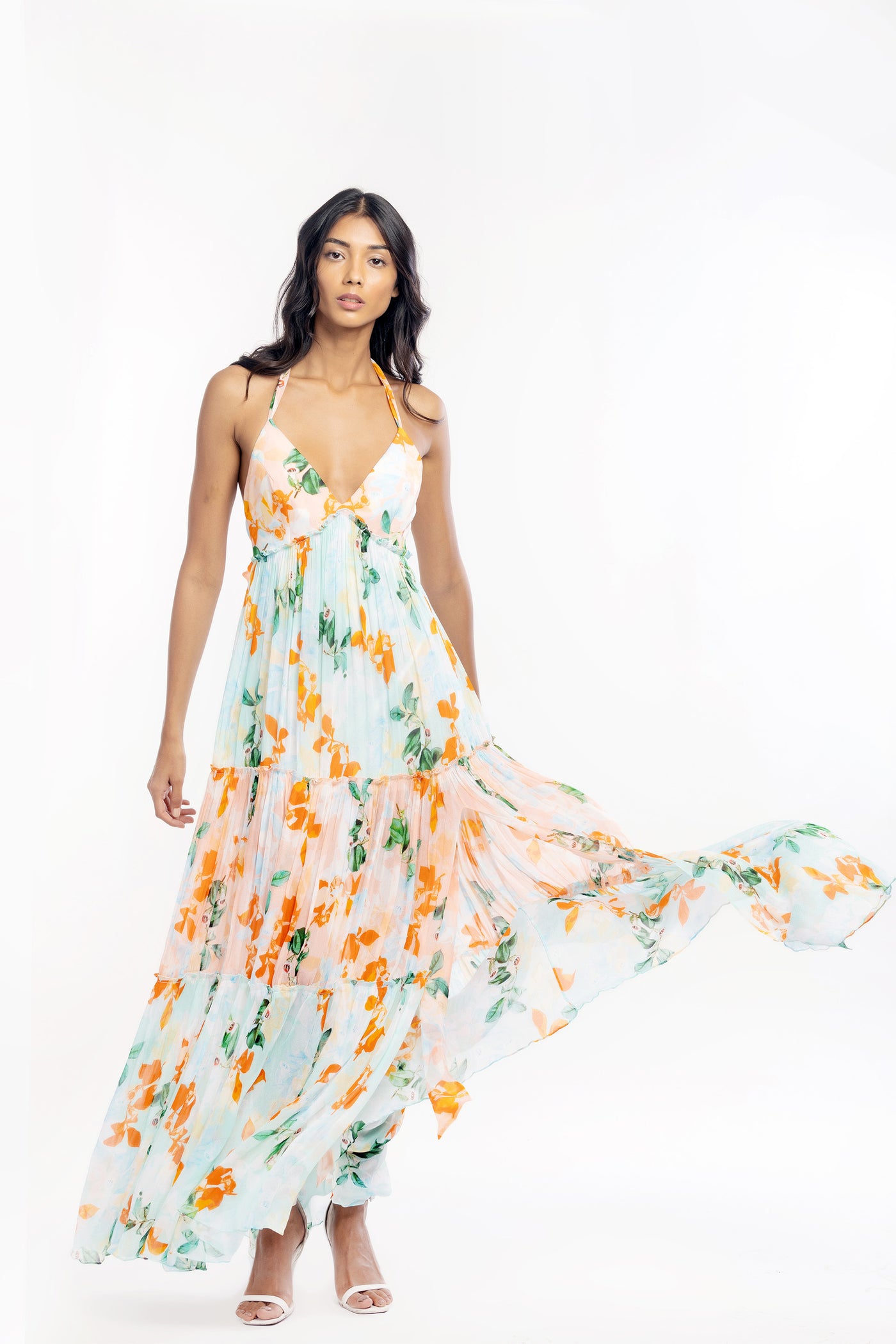 mandira wirk chiffon printed layered halter neck dress peach and aqua western indian designer wear online shopping melange singapore