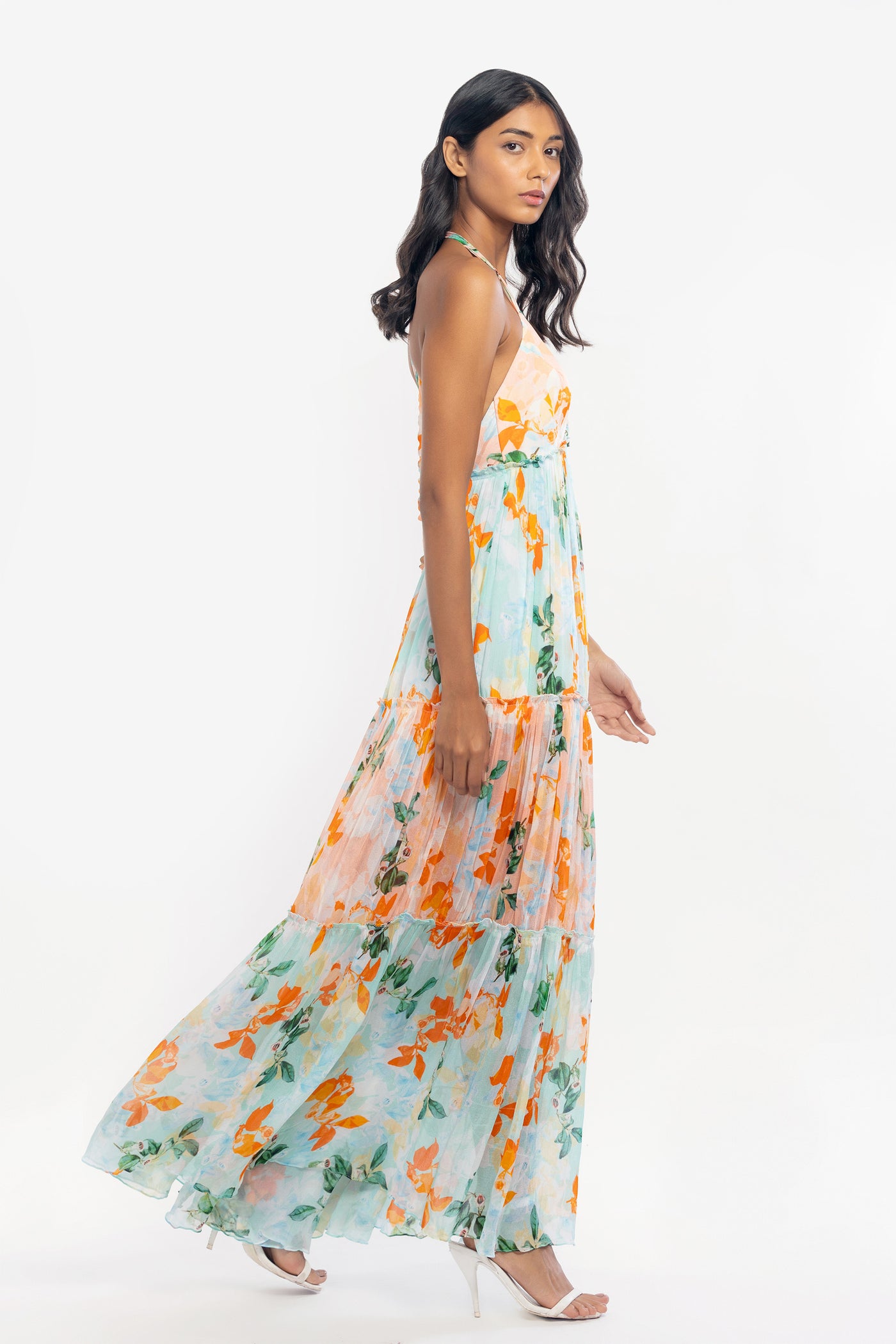 mandira wirk chiffon printed layered halter neck dress peach and aqua western indian designer wear online shopping melange singapore