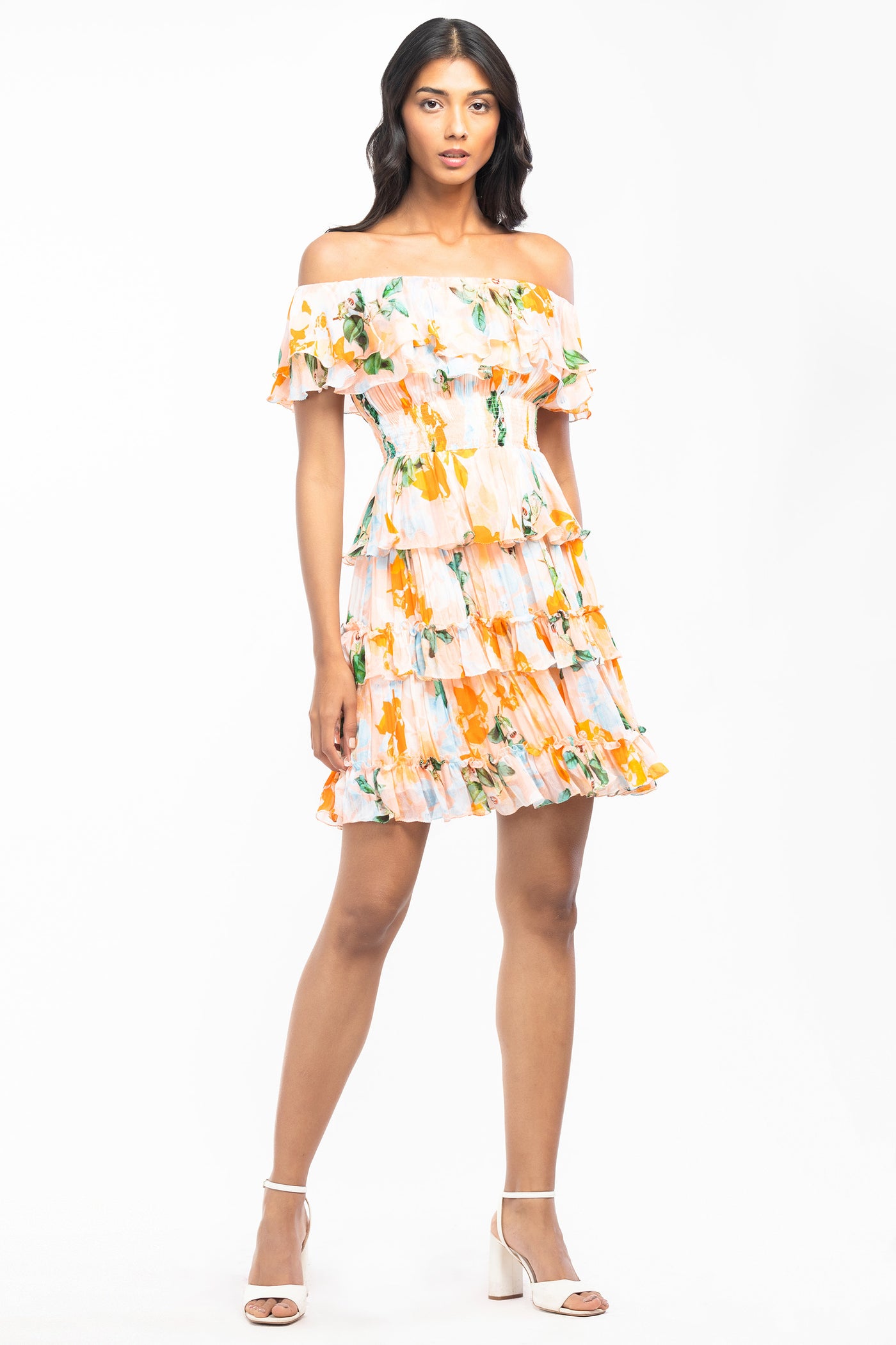 mandira wirk chiffon printed short dress peach western indian designer wear online shopping melange singapore