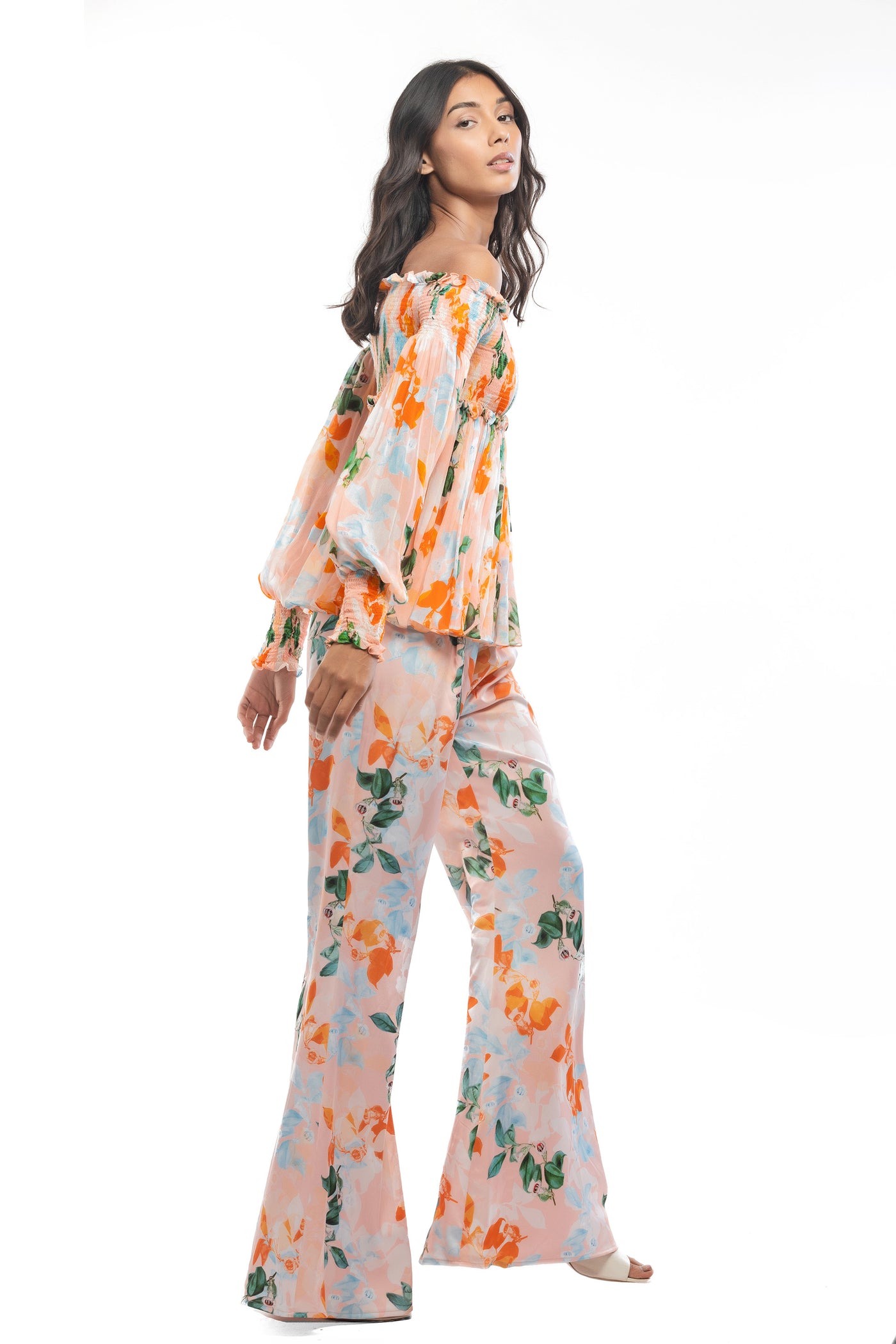 mandira wirk chiffon printed smocking detail top with satin printed pants peach western indian designer wear online shopping melange singapore