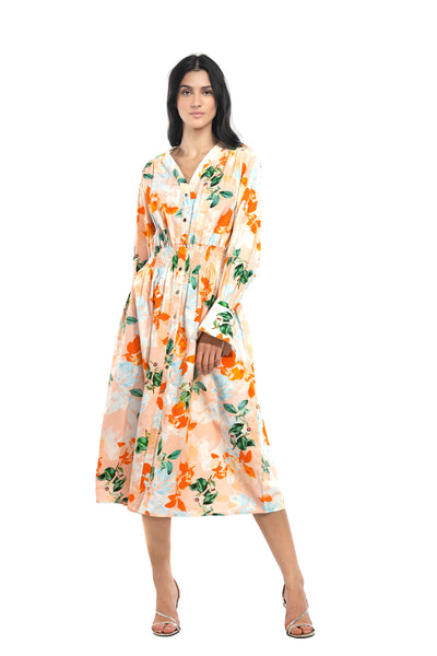 mandira wirk cotton poplin printed shirt dress peach western indian designer wear online shopping melange singapore