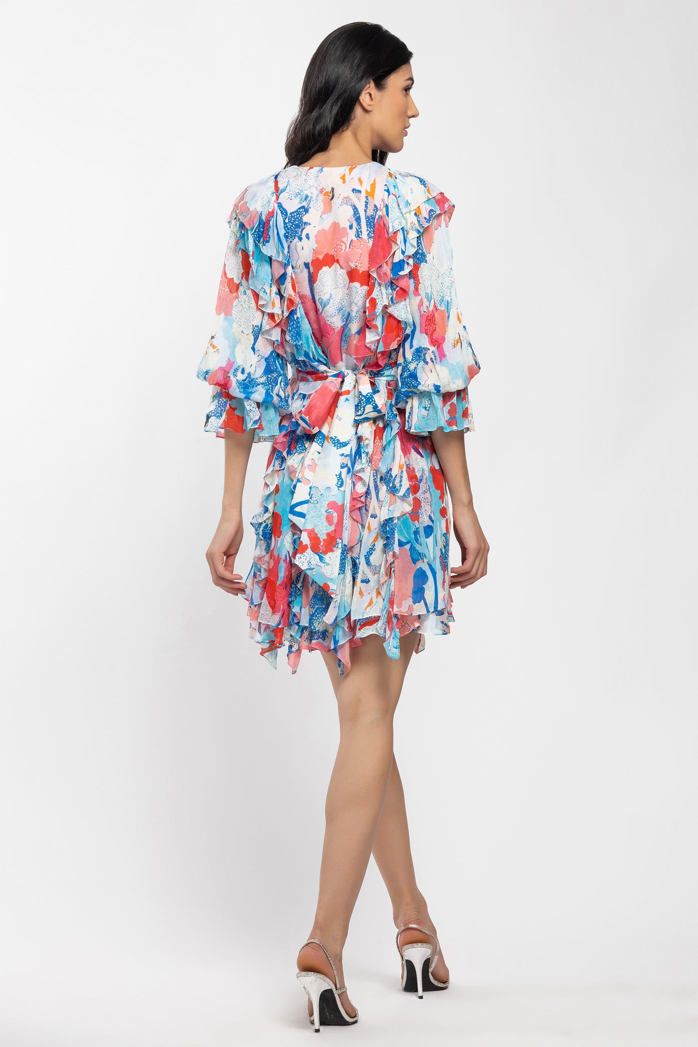 mandira wirk chiffon printed short frilled dress pink and blue western indian designer wear online shopping melange singapore