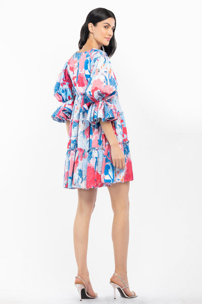 mandira wirk satin printed short tiered dress pink and blue western indian designer wear online shopping melange singapore