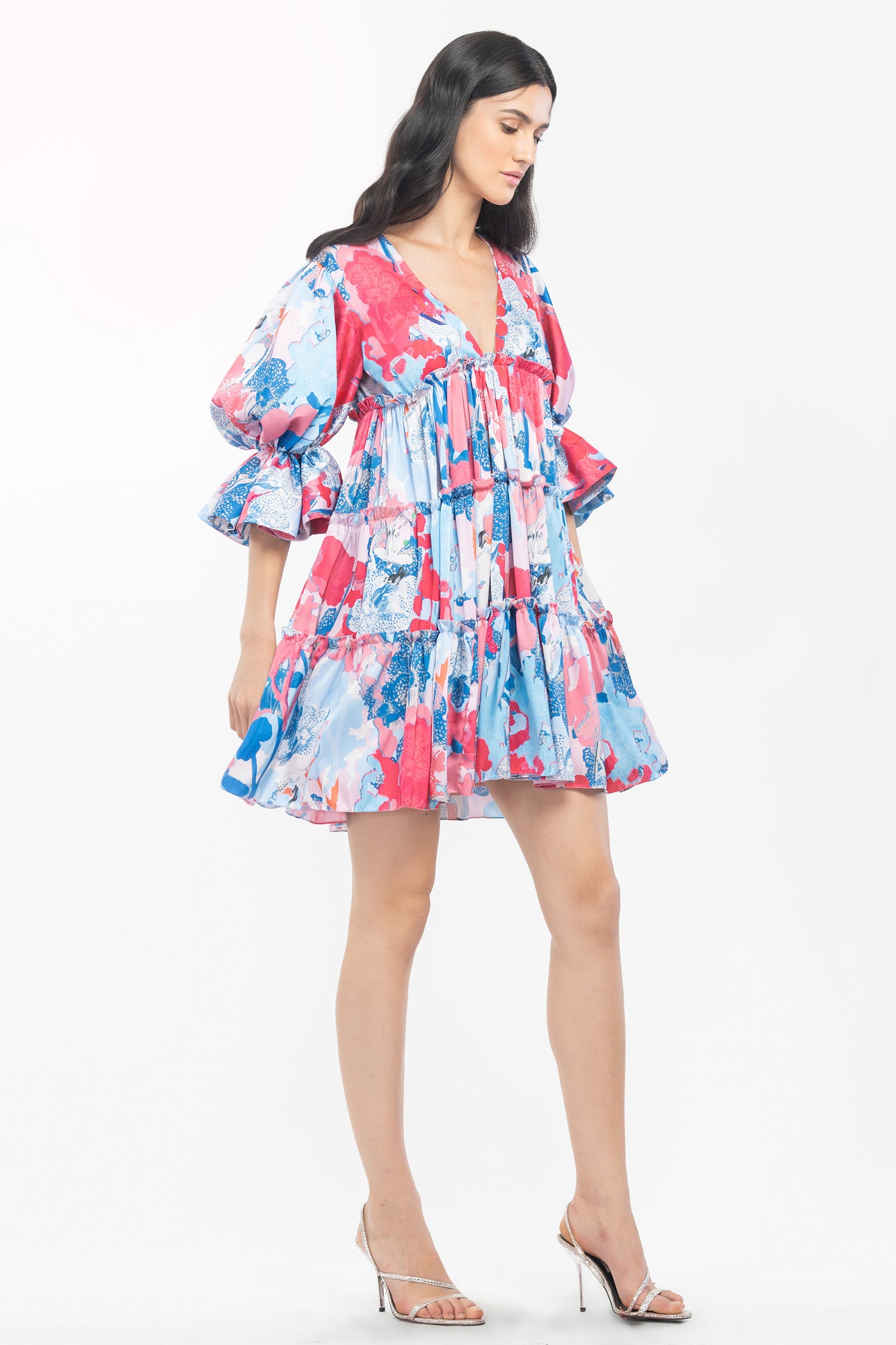 mandira wirk satin printed short tiered dress pink and blue western indian designer wear online shopping melange singapore