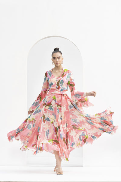 Mandira Wirk Peach Tropical Printed Dress indian designer wear online shopping melange singapore