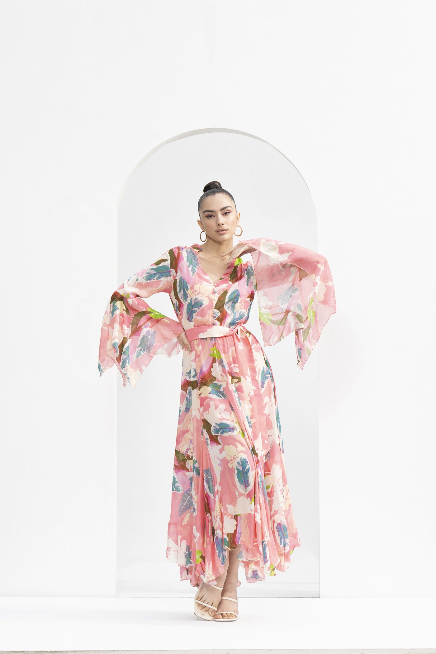 Mandira Wirk Peach Tropical Printed Dress indian designer wear online shopping melange singapore