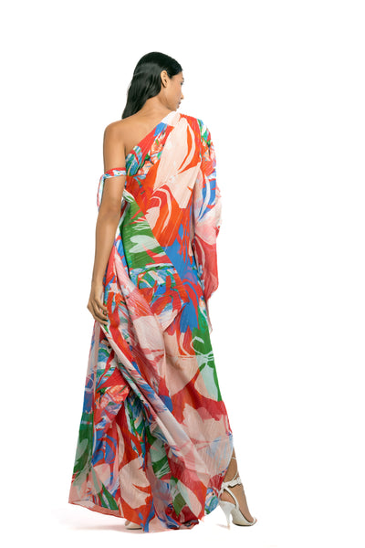 mandira wirk cotton lurex printed one shoulder kaftan red and beige western indian designer wear online shopping melange singapore