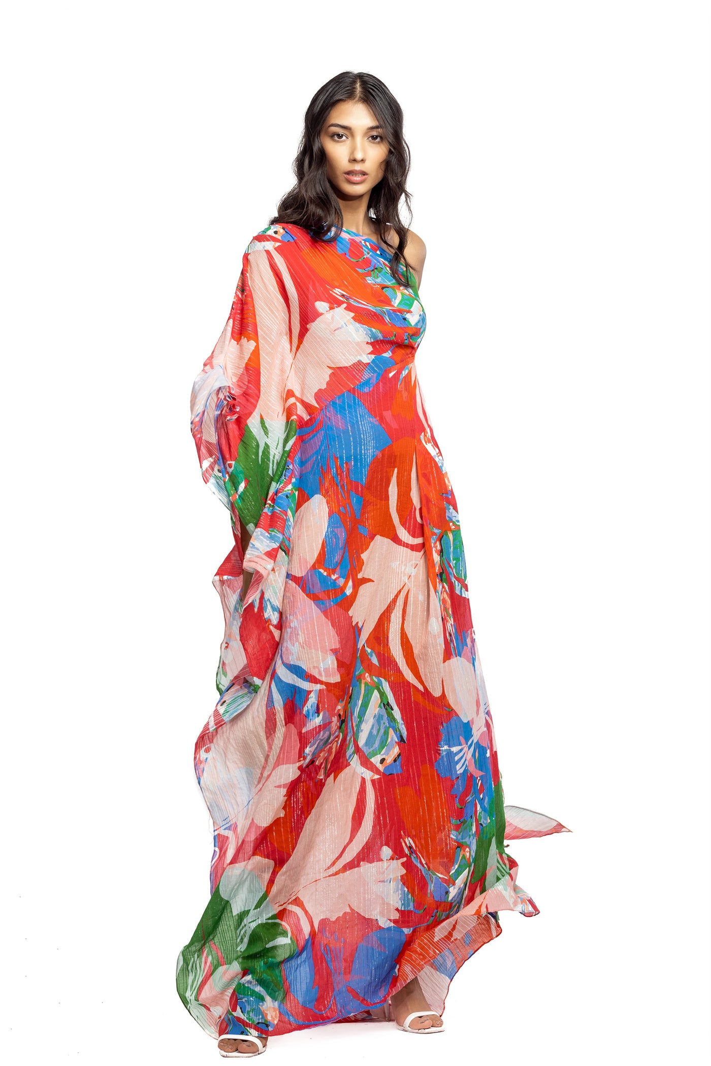 mandira wirk cotton lurex printed one shoulder kaftan red and beige western indian designer wear online shopping melange singapore