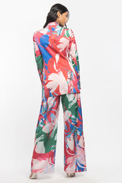 mandira wirk satin printed jacket and pant set red and beige western indian designer wear online shopping melange singapore