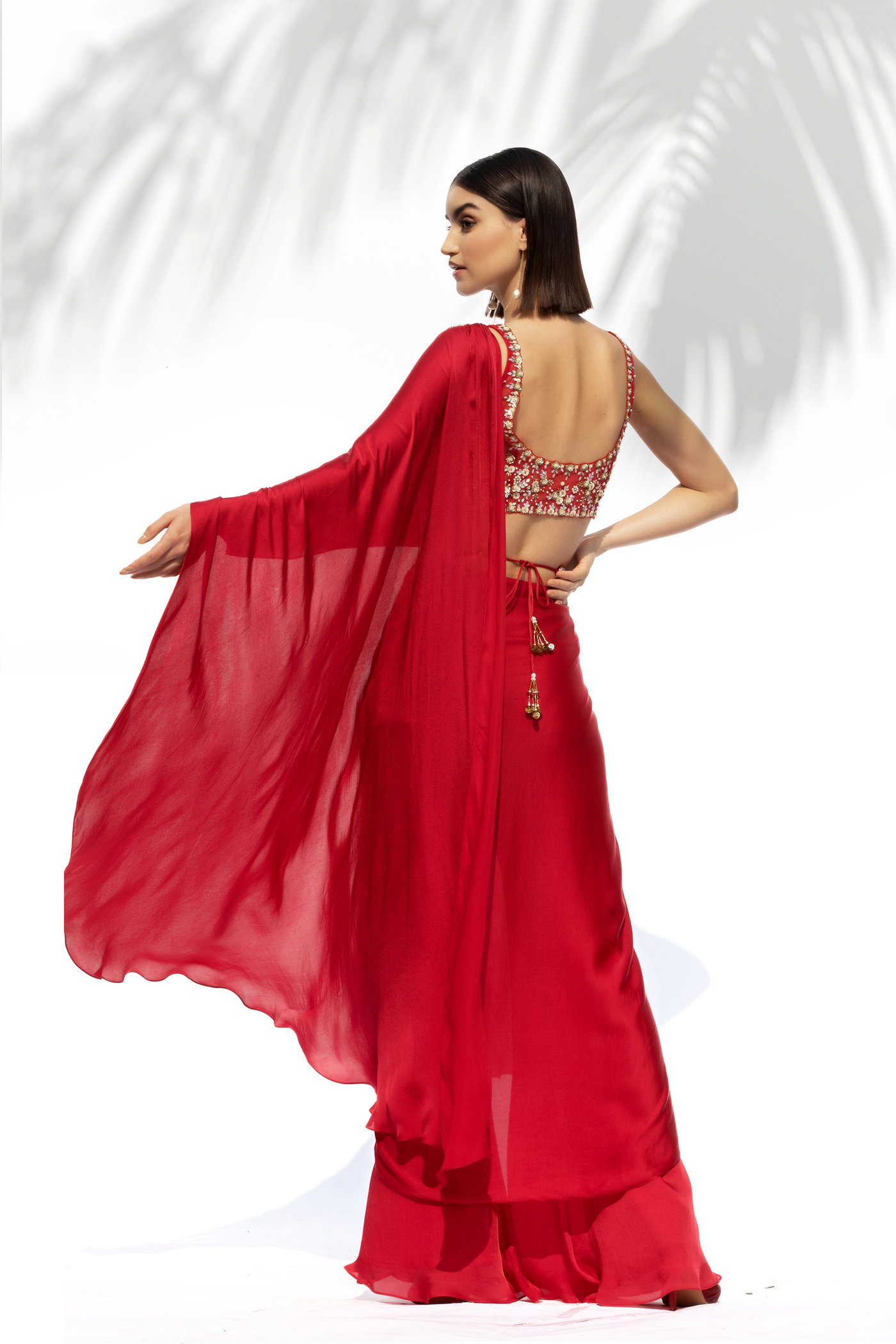 Mandira Wirk Ruby Red Drape Saree festive indian designer wear online shopping melange singapore