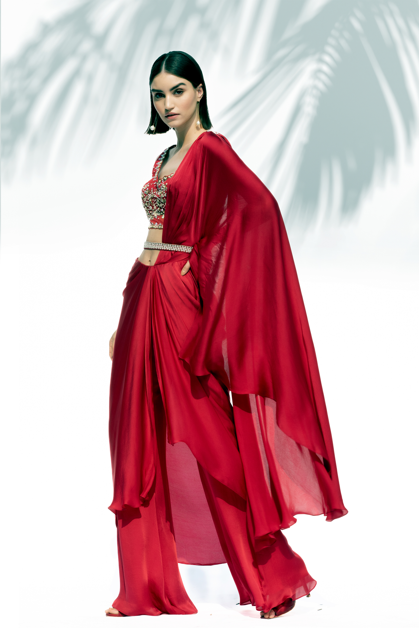 Mandira Wirk Ruby Red Drape Saree festive indian designer wear online shopping melange singapore