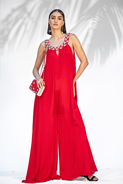 Mandira Wirk Ruby Red Flared Jumpsuit western indian designer wear online shopping melange singapore