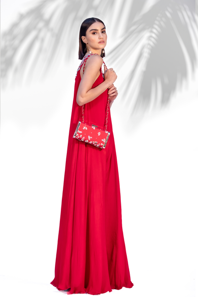Mandira Wirk Ruby Red Flared Jumpsuit western indian designer wear online shopping melange singapore
