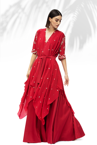 Mandira Wirk Ruby Red Tunic With Skirt Set festive indian designer wear online shopping melange singapore