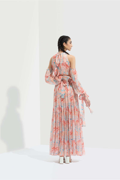 Mandira Wirk Rabenda printed chiffon cold shoulder long dress with side slit orange western indian designer wear online shopping melange singapore