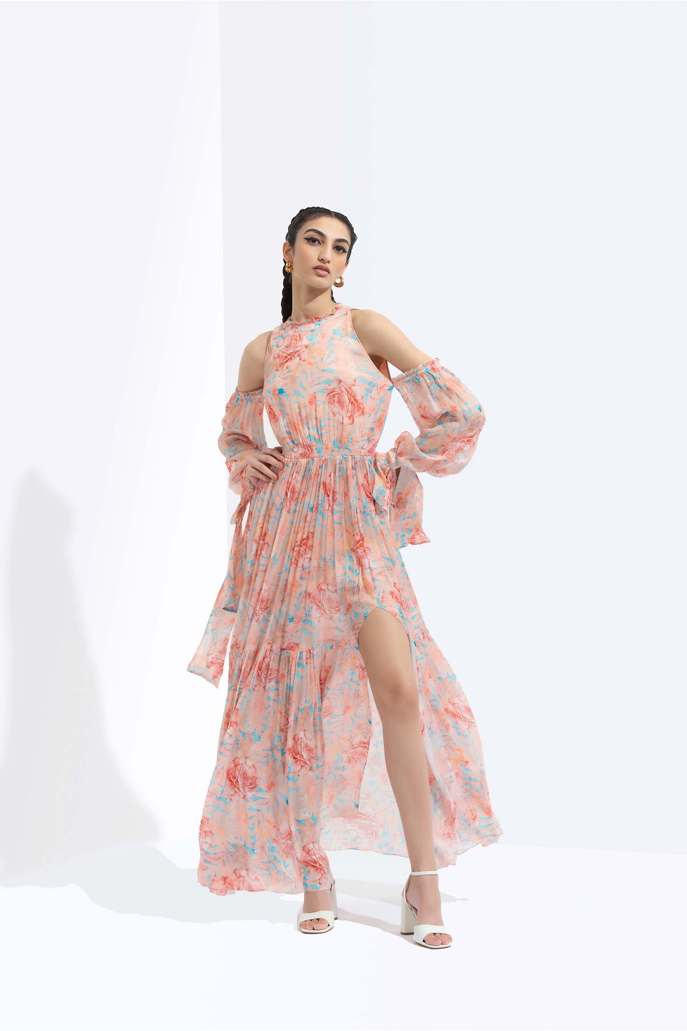 Mandira Wirk Rabenda printed chiffon cold shoulder long dress with side slit orange western indian designer wear online shopping melange singapore